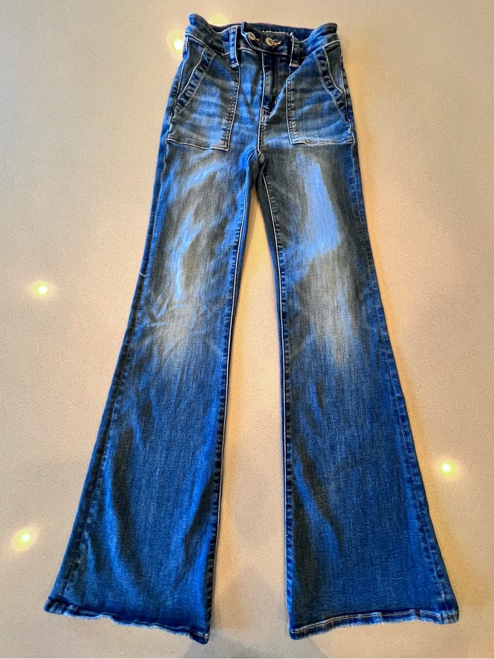 American Eagle Youth Super High Rise Flare Stretch Jeans Waist 23ish